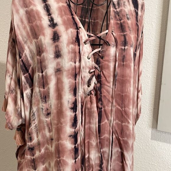 olivaceous tie dye coverup dress with lace front and tassles | size S | NWOT - Picture 3 of 7
